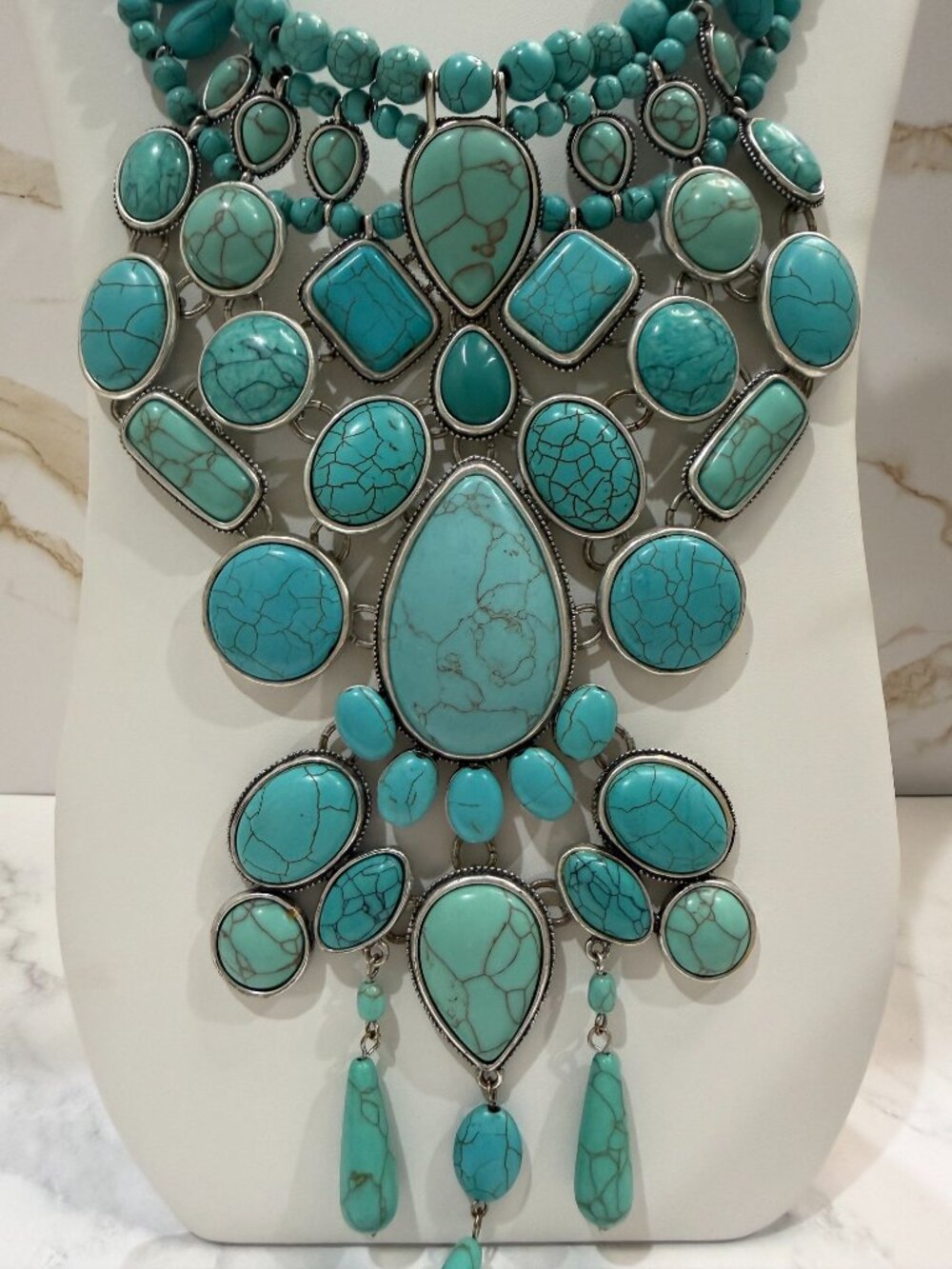 Chicos Collectibles Turquoise Stone Faux Matrix Multi Strand Bib Collar Necklace - Picture 6 of 10